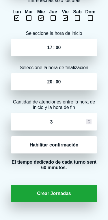 Para todas las fechas entre fecha de inicio y fecha de fin